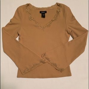 Vintage EXPRESS Junior Girls Top Small Lace Accent Brown 95% Cotton 5% Spandex